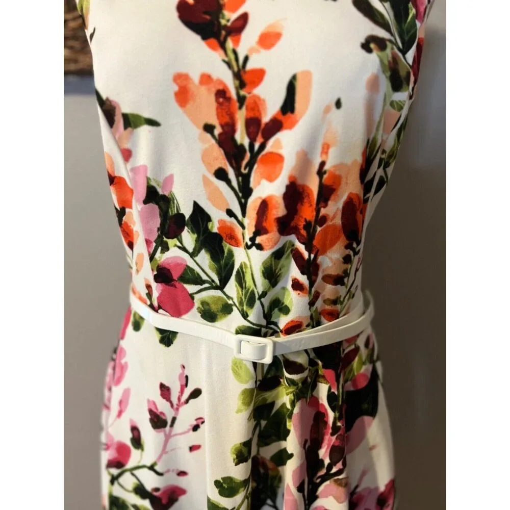 Danny & Nicole Dress 16 Floral Belted Stretch Career Church Washable NEW
